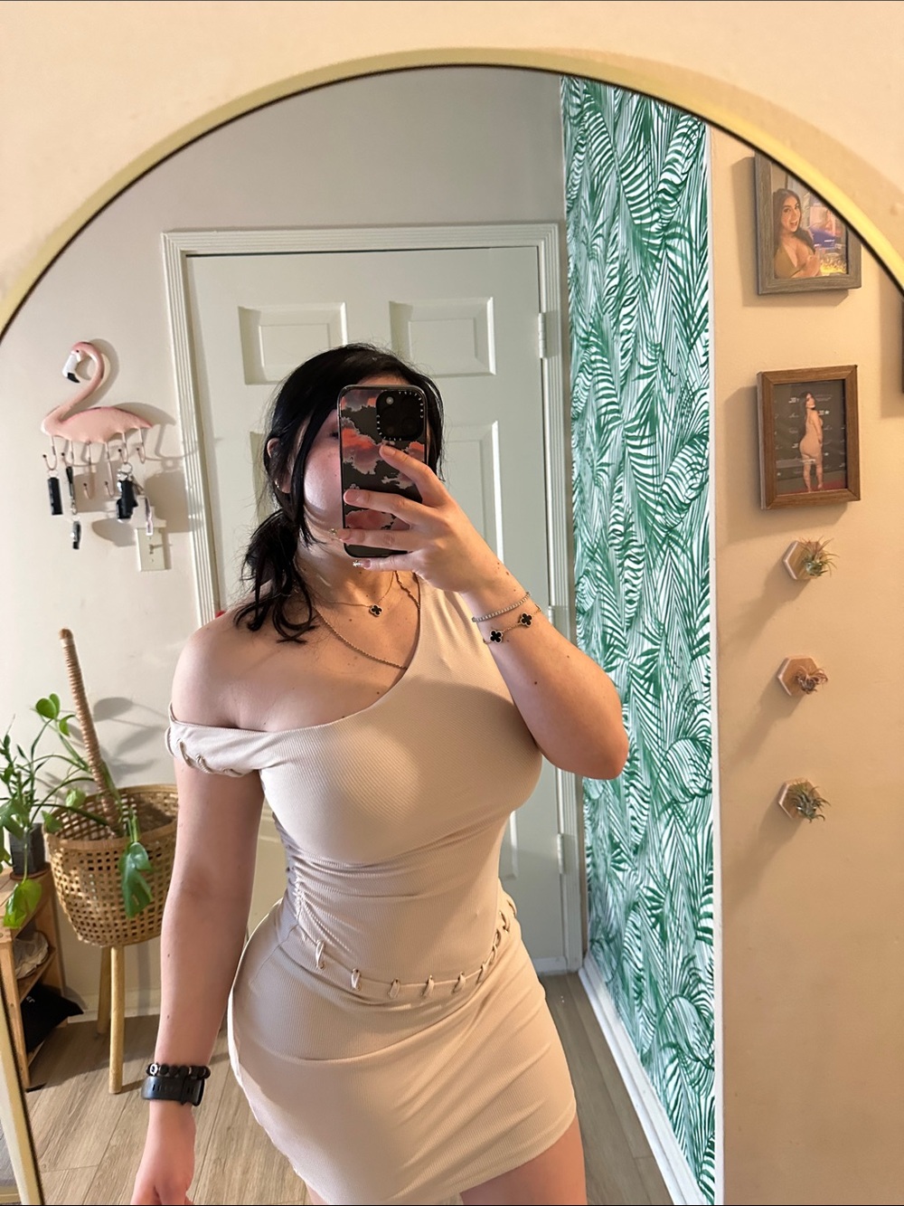 Micas Women’s One-Shoulder Beige Bodycon Dress